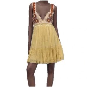 Zara Yellow Crochet Bodice Mini Dress with Rust Strap Accents